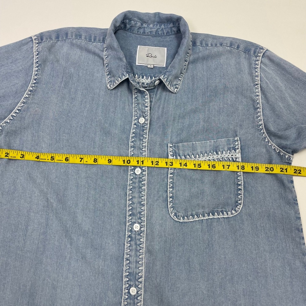 Rails Lea Denim Shirt L Short Sleeve Blanket Stitch Blue Medium Cloud Wash - Picture 14 of 16